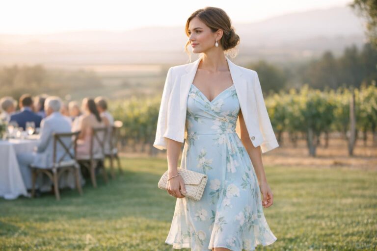 June wedding guest dress in a breathable midi silhouette with soft pastel tones, styled for heat and outdoor photos