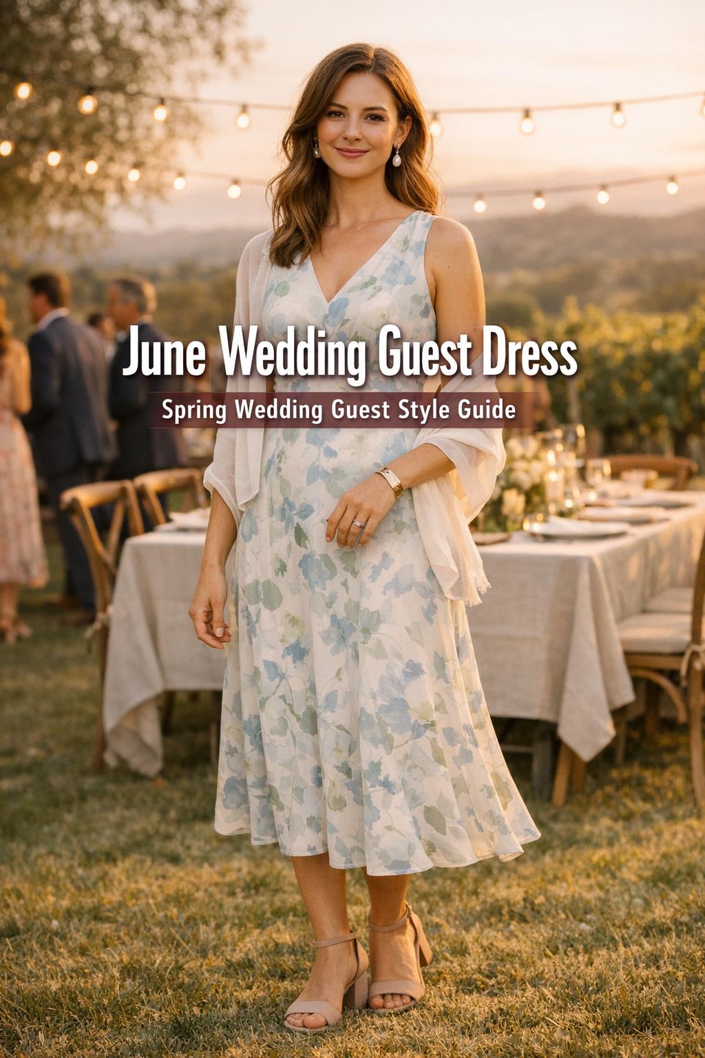 June wedding guest dress in golden-hour outdoor garden-vineyard wedding, stylish guest in pastel midi dress with wrap