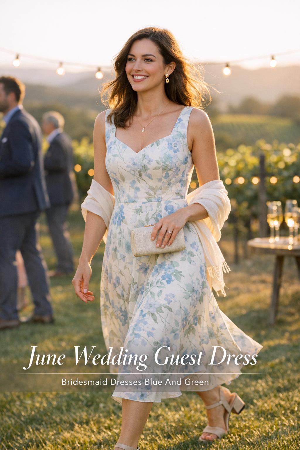 Woman walking on a vineyard lawn wearing a june wedding guest dress at golden hour, with string lights and guests blurred behind
