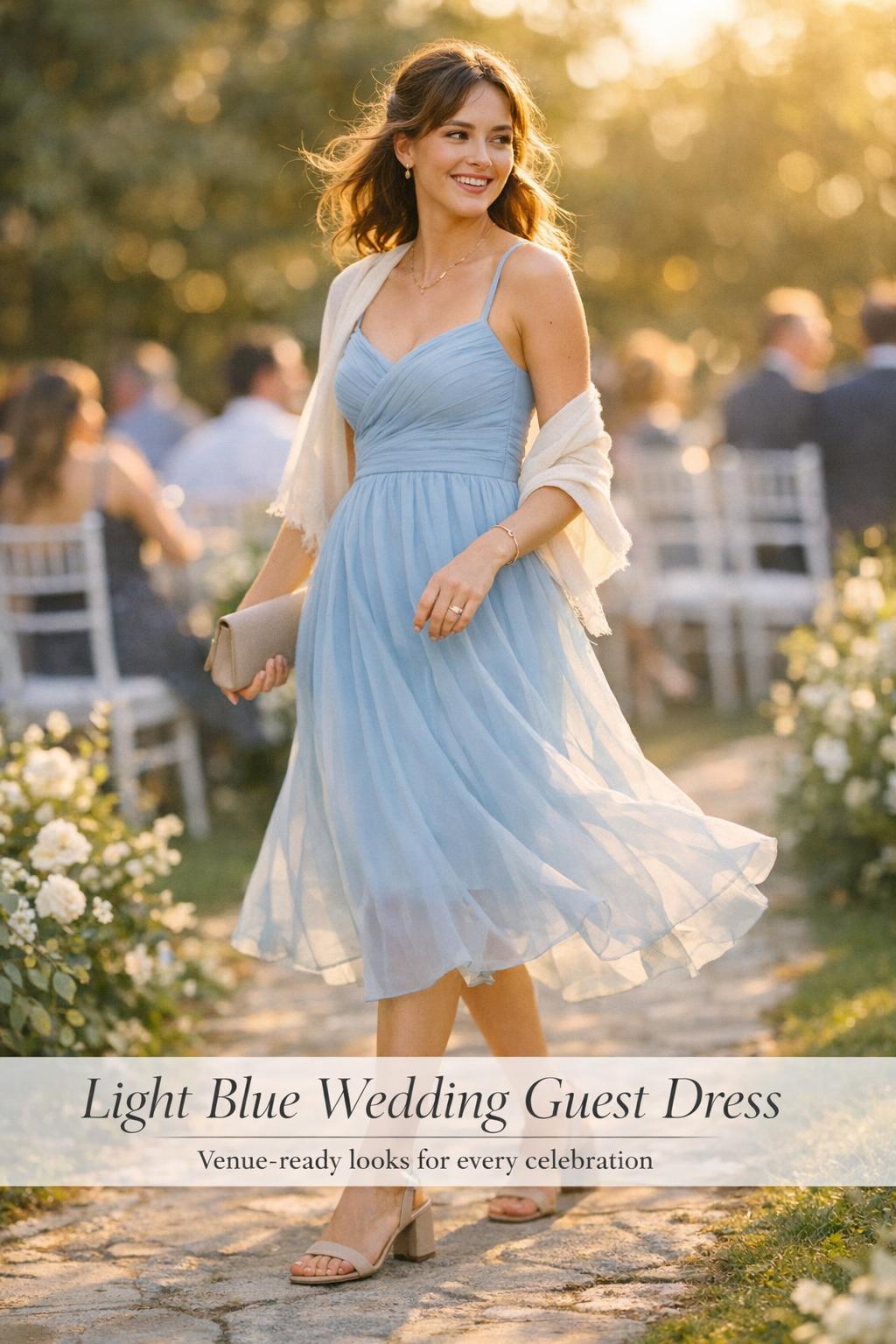 Woman twirling in a light blue wedding guest dress on a sunlit garden path at an outdoor ceremony during golden hour