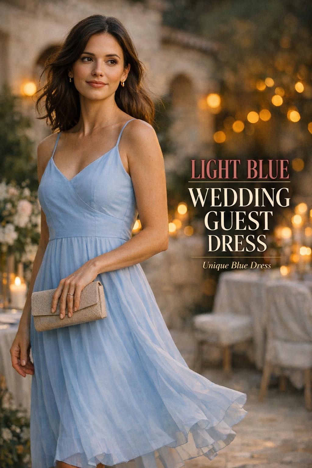 Woman in a light blue wedding guest dress on a Mediterranean garden terrace at golden hour with elegant vertical text overlay