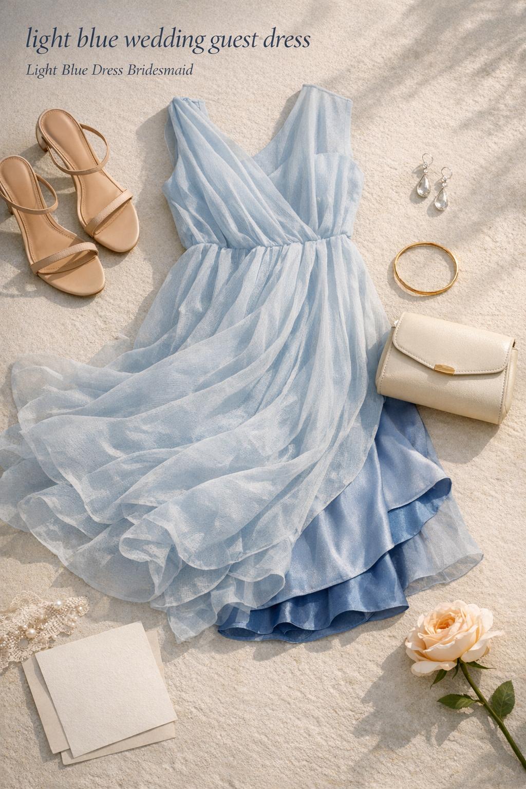 Light blue wedding guest dress flat lay with nude sandals, neutral clutch, pearl detail and gold jewelry in sunlight