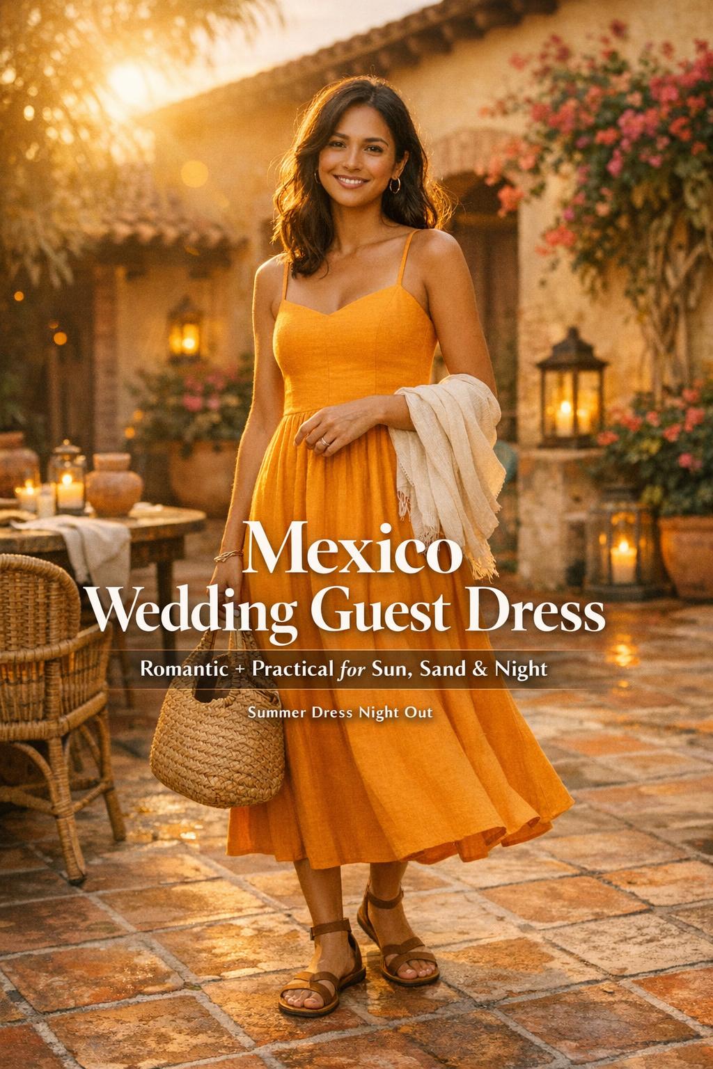 Stylish guest in a mexico wedding guest dress at golden hour in a Mexican hacienda courtyard with lanterns and bougainvillea