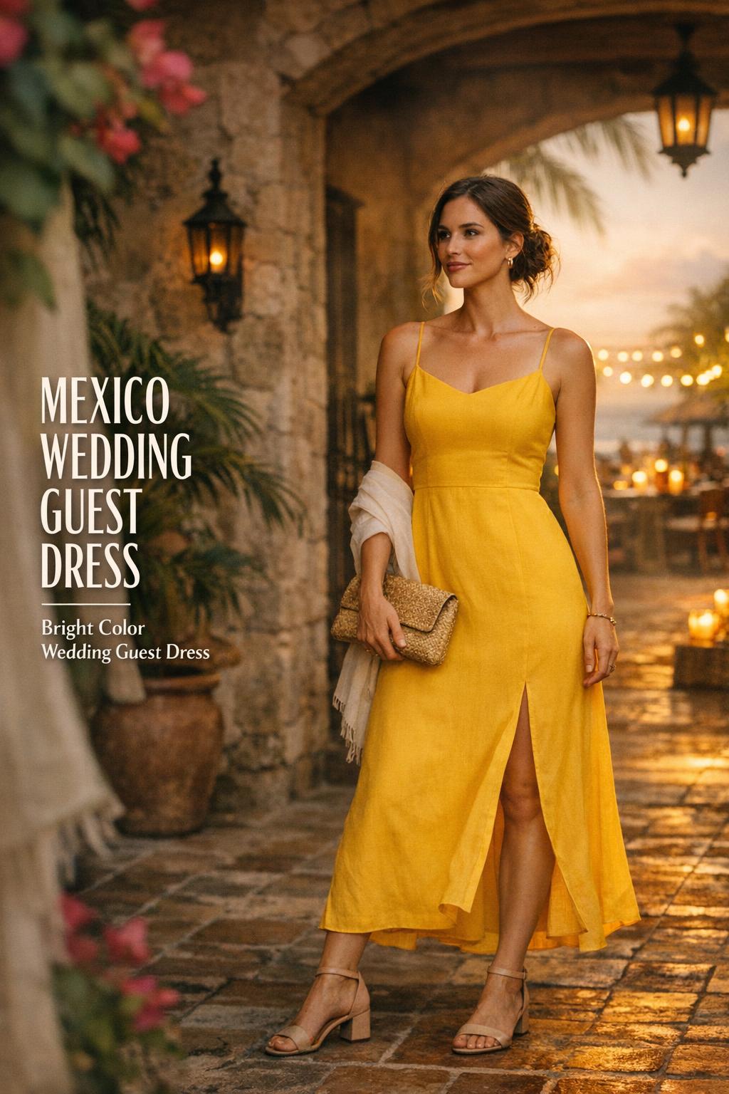 Mexico wedding guest dress in marigold midi worn in a hacienda courtyard at golden hour with cinematic text overlay