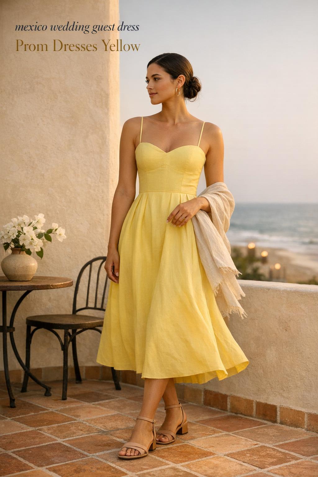 Mexico wedding guest dress in golden-hour hacienda rooftop editorial photo, yellow midi dress with beach horizon backdrop