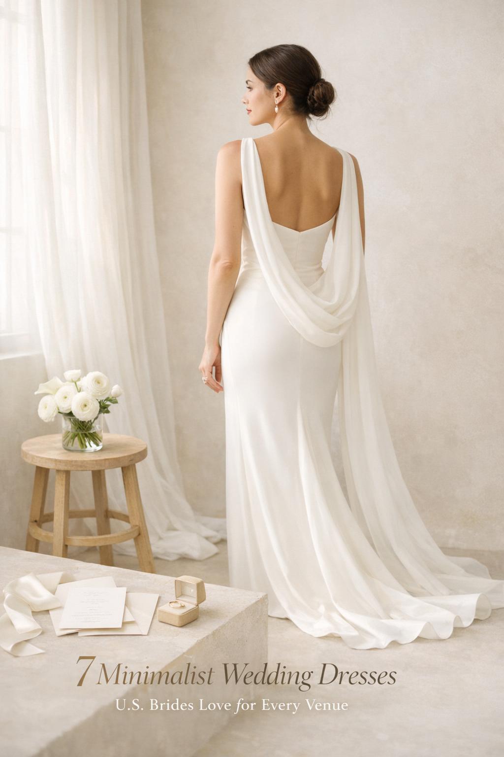 Minimalist wedding dresses in a bright bridal studio, sleek ivory sheath gown with soft window light and neutral decor