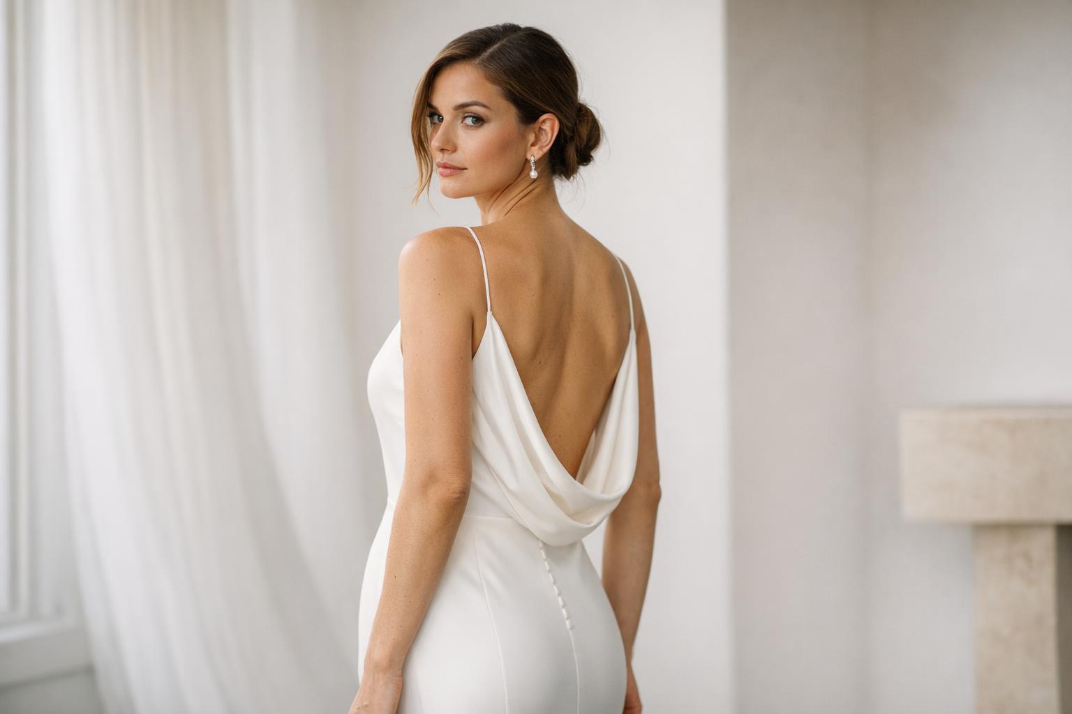 Bride in minimalist wedding dress with clean lines and satin finish, posed in a bright modern venue