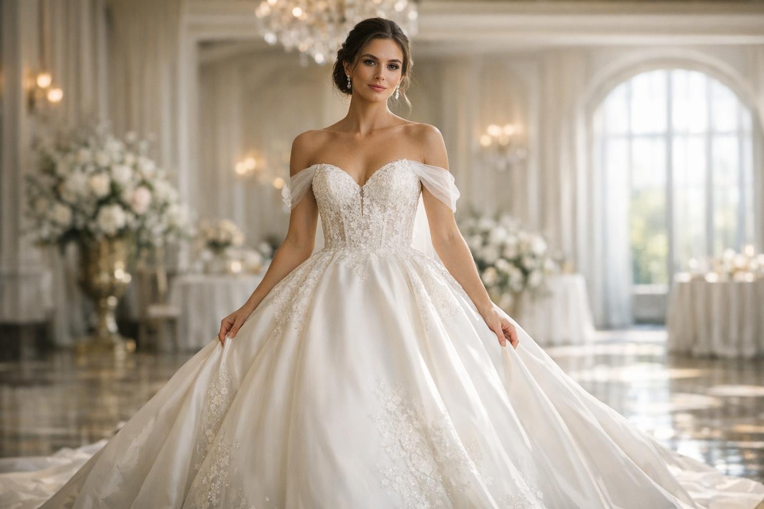 Bride wearing a modern wedding dresses ball gown with structured bodice and full satin skirt in a bright studio