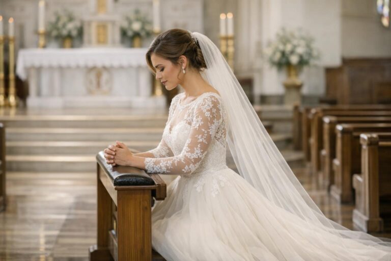 Bride wearing a modest long-sleeve lace gown in a cathedral aisle, classic catholic wedding dresses style