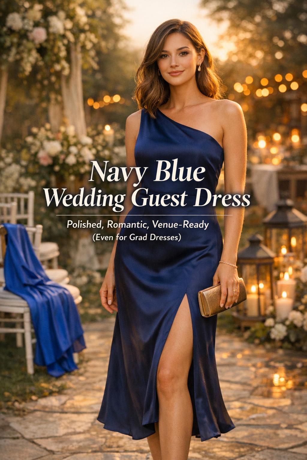 Woman in satin navy blue wedding guest dress at golden hour garden ceremony with clutch and candlelit bokeh lights