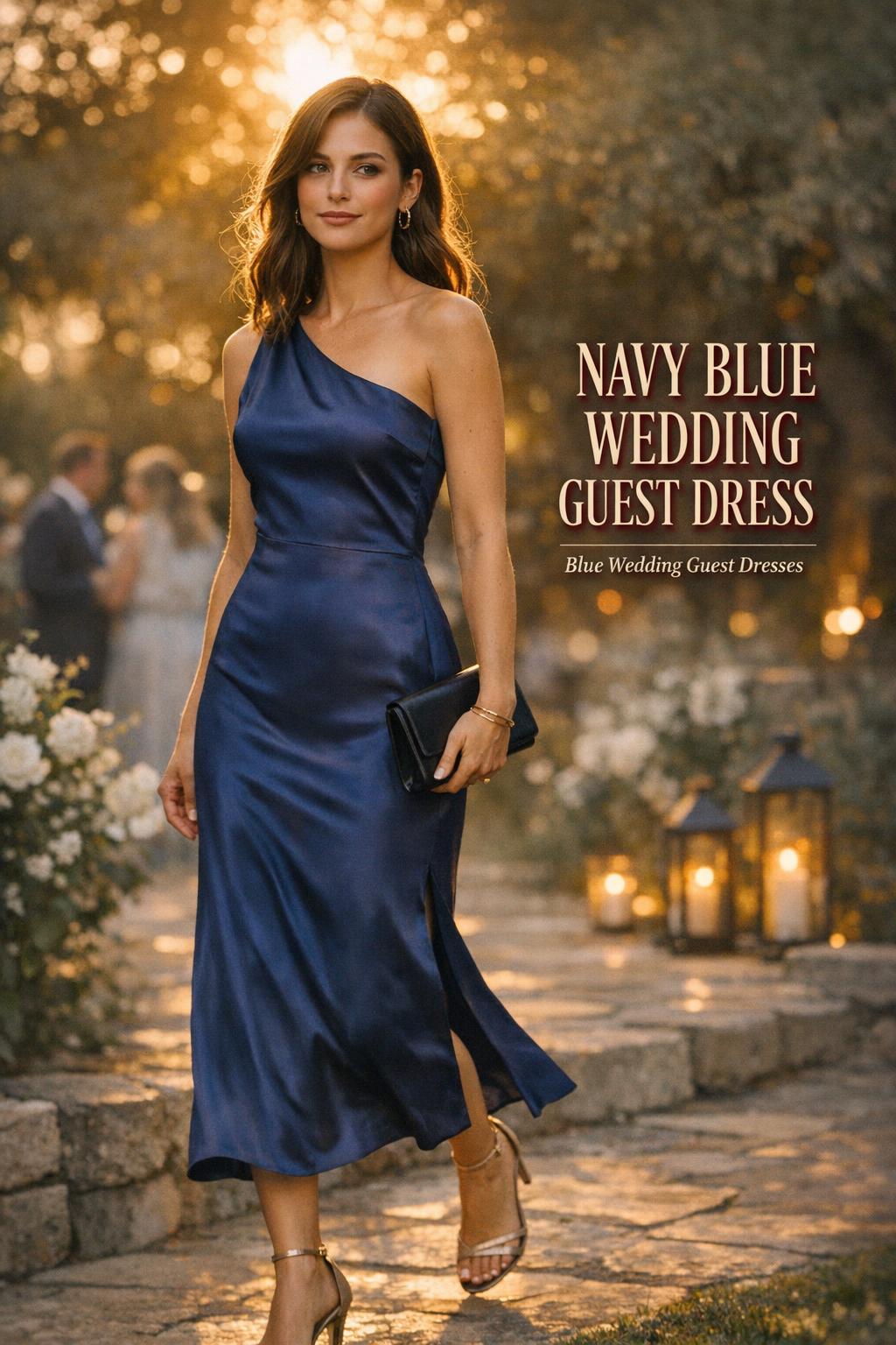 Navy blue wedding guest dress in satin, candid garden golden hour wedding guest fashion with text overlay
