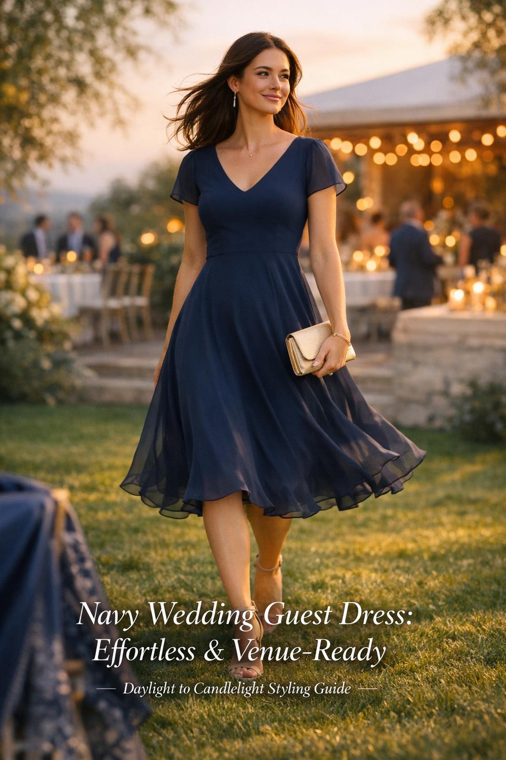 Stylish woman walking at golden hour in a navy wedding guest dress, moving from garden lawn to evening reception terrace