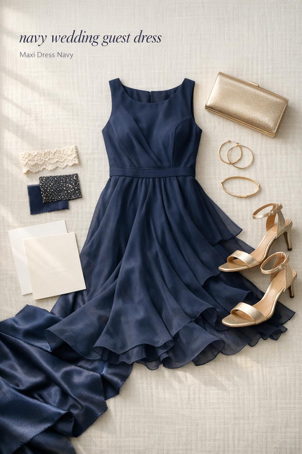 Navy wedding guest dress flat-lay with champagne-gold heels, brushed clutch, and minimalist jewelry on ivory linen.