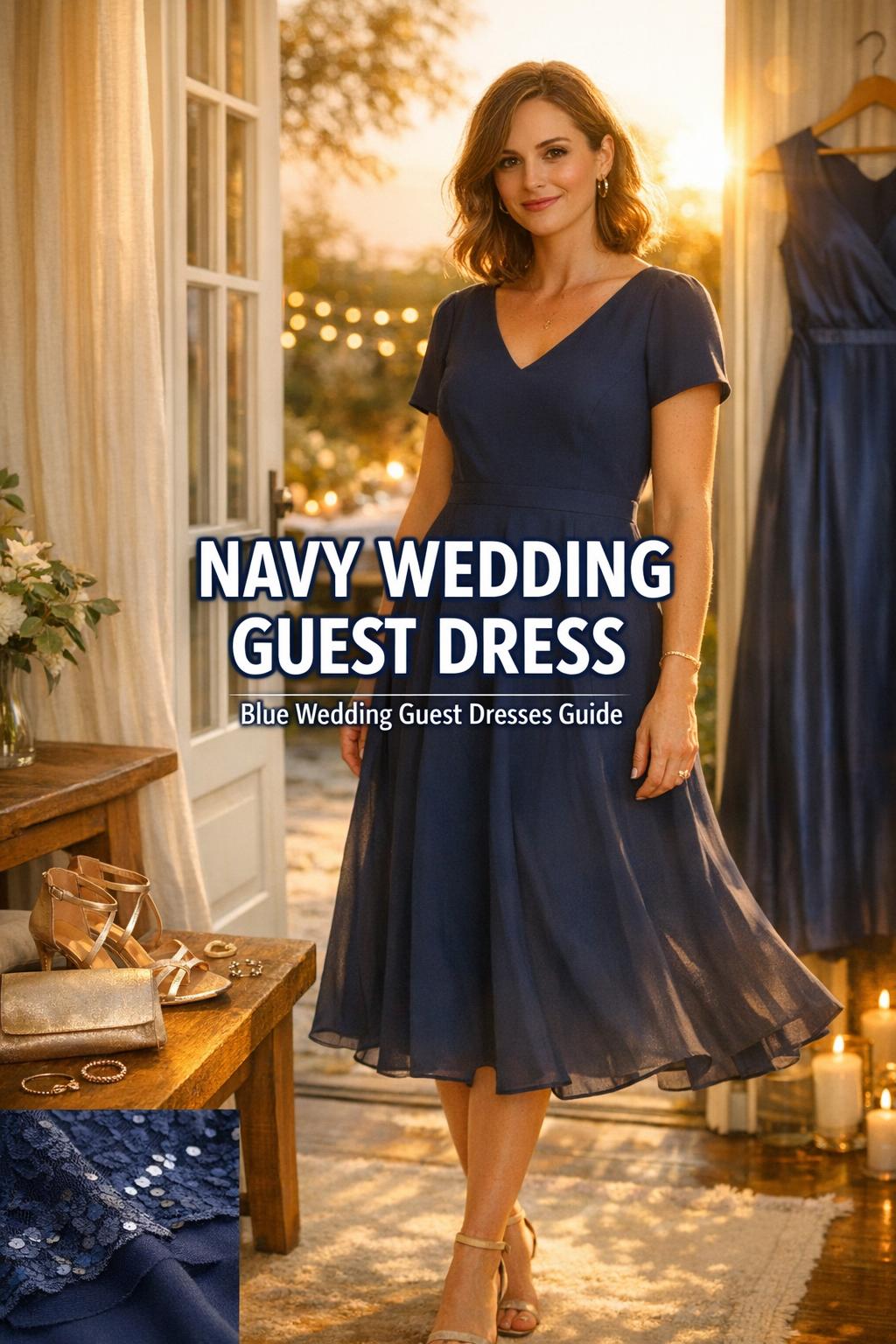 Woman getting ready in a navy wedding guest dress by a sunlit window with gold heels, clutch, and jewelry at sunset