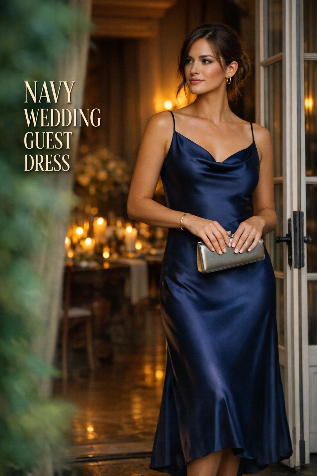 Woman in a navy wedding guest dress in satin by French windows, golden-hour garden light and candlelit reception glow