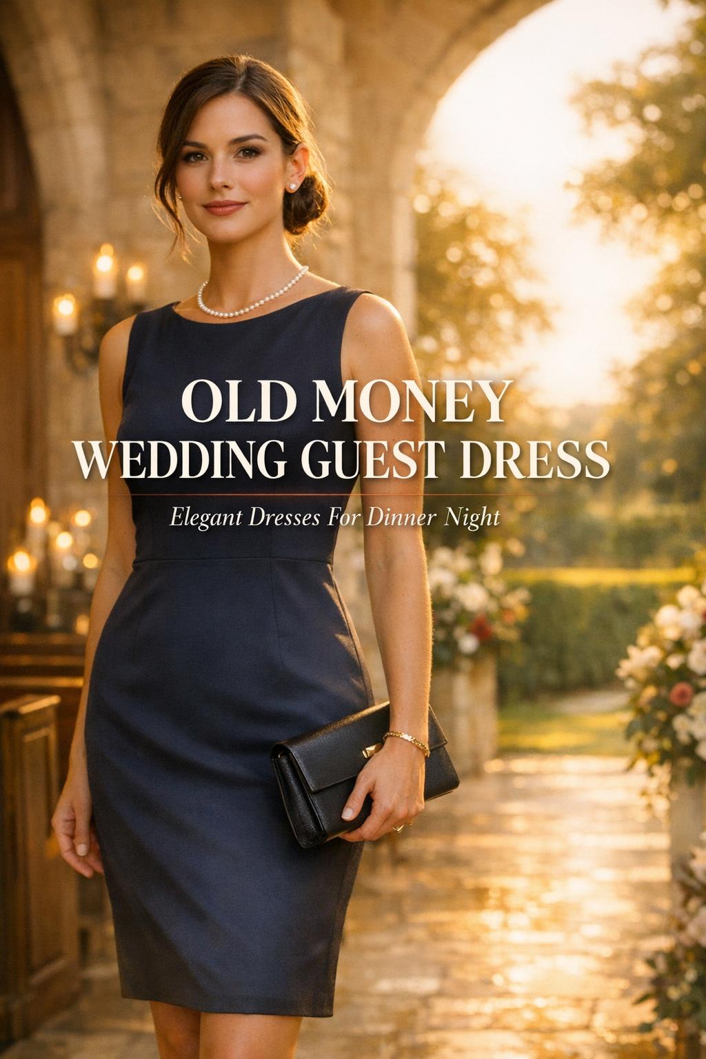 Old money wedding guest dress in navy sheath with pearls, golden-hour church-to-garden venue, elegant lifestyle portrait