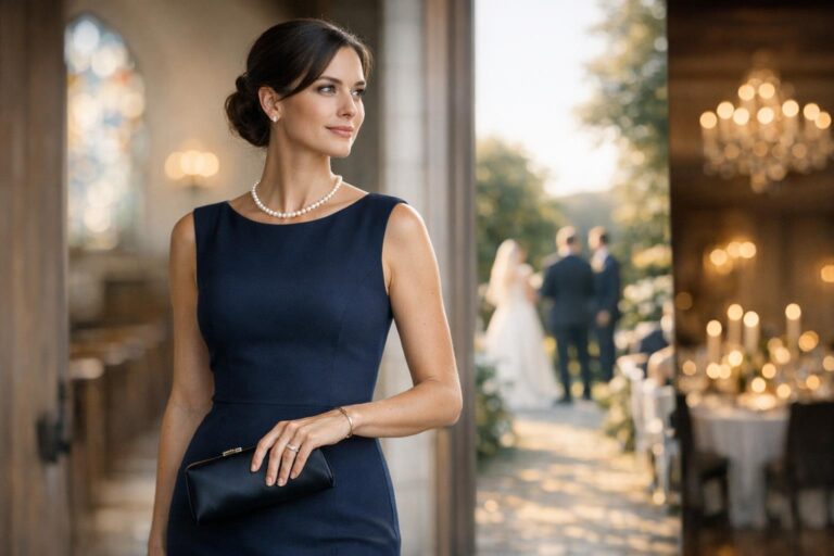 Old money wedding guest dress in navy sheath with pearl earrings and a simple clutch, photographed in soft natural light