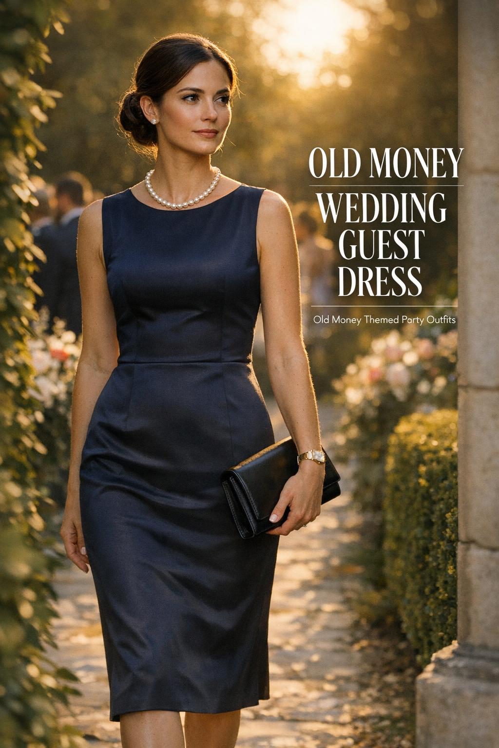 Old money wedding guest dress in deep navy sheath with pearls and black clutch, walking a hedge-lined garden ceremony at golden hour