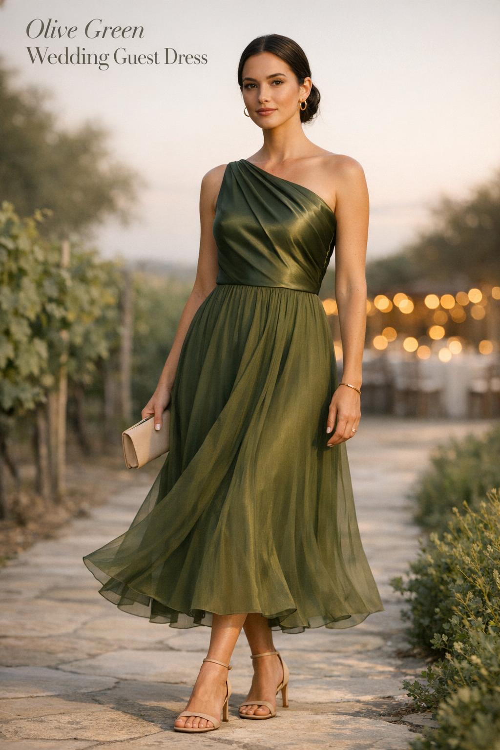 Wedding guest wearing an olive green wedding guest dress with satin bodice and flowing skirt on a vineyard aisle at golden hour