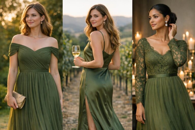 Olive green wedding guest dress with satin bodice and pleated tulle skirt in an elegant A-line silhouette for photos