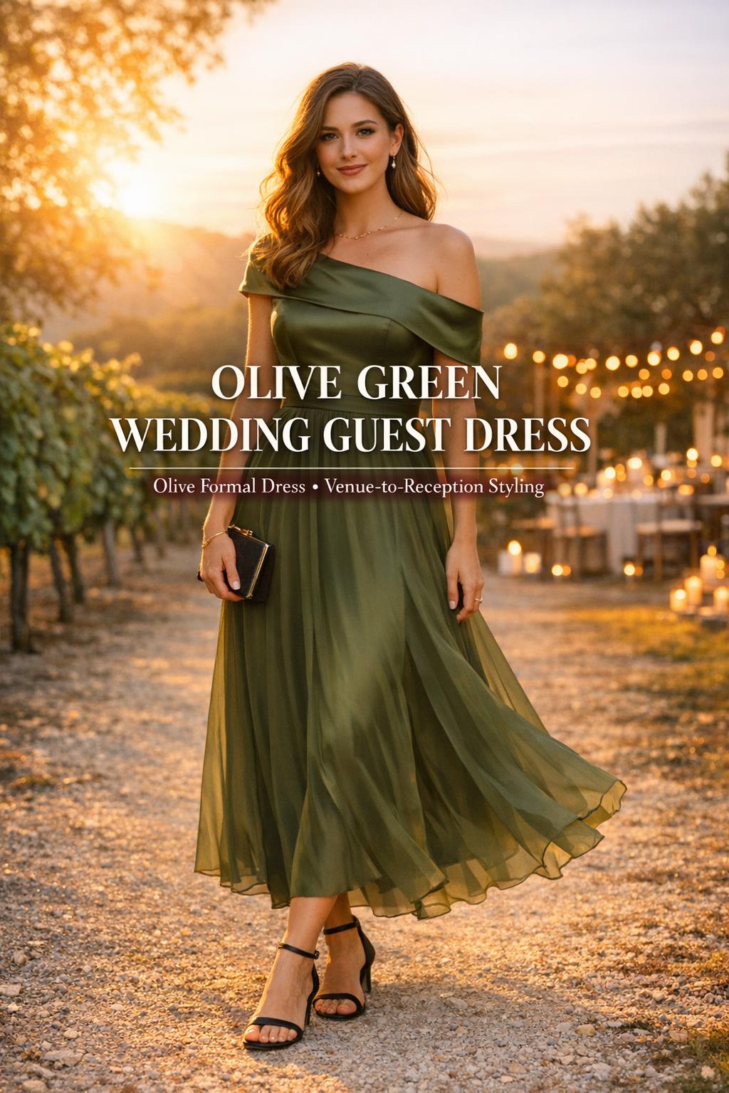 Olive green wedding guest dress on a woman walking a vineyard path at golden hour with subtle reception lights behind