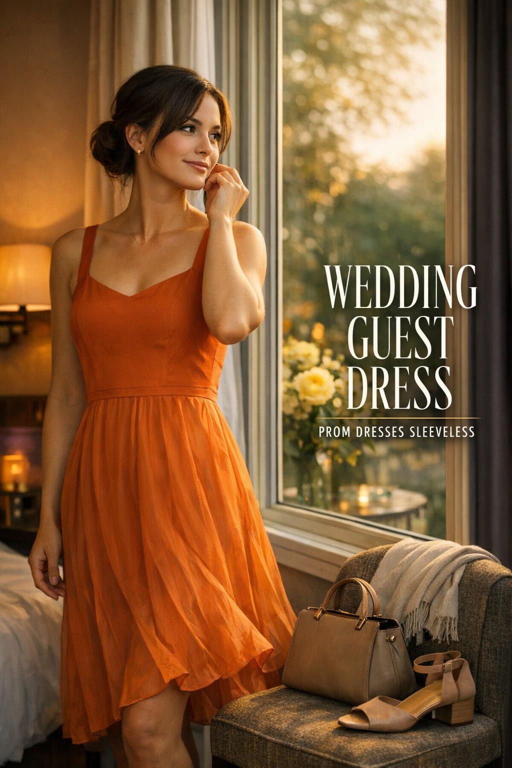 Stylish woman in an orange chiffon wedding guest dress by a window, finishing her look in a boutique hotel room at golden hour.