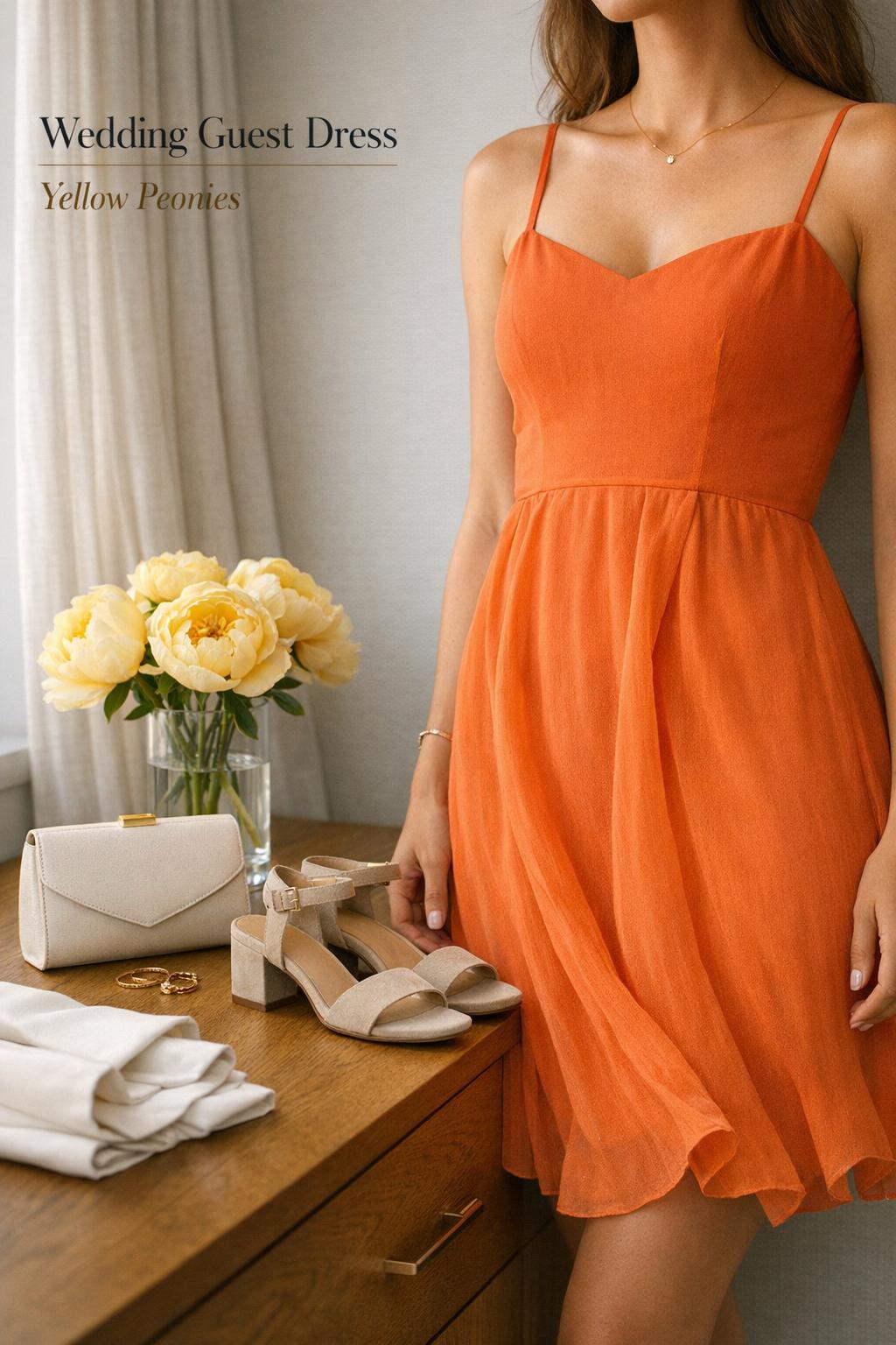 Wedding guest dress in orange chiffon with clutch, gold jewelry, block-heel sandals, and yellow peonies on a hotel dresser
