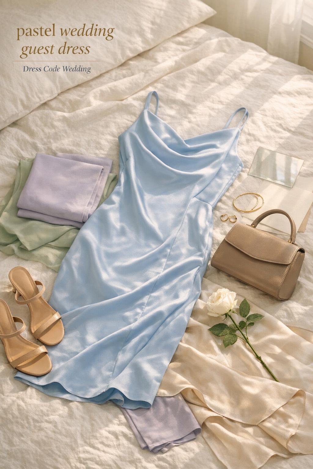 Pastel wedding guest dress flat lay with powder-blue satin dress, nude heels, gold jewelry and rose on linen bedding