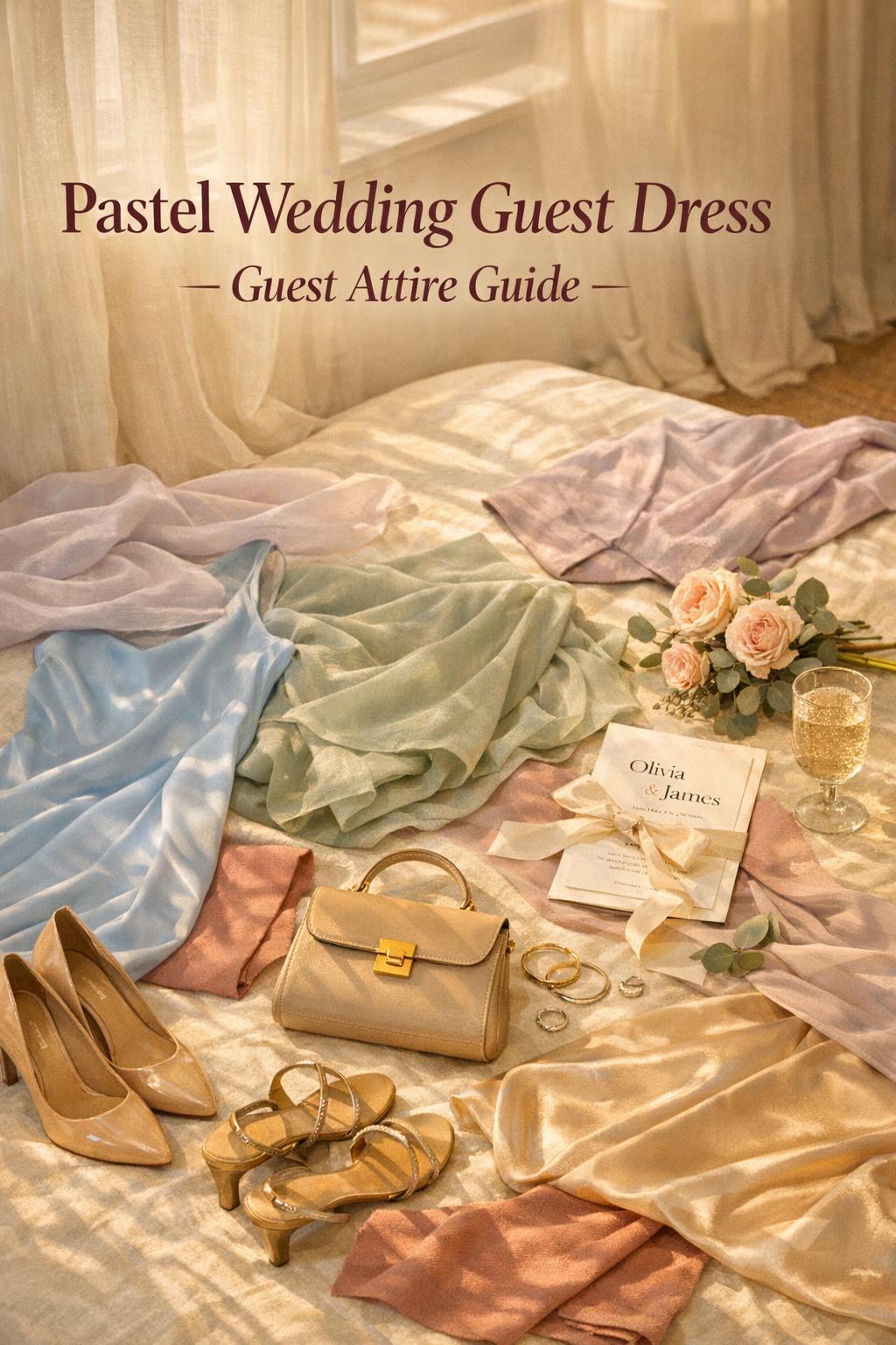 Pastel wedding guest dress flatlay with satin and chiffon outfits, heels, jewelry, and invitation in golden-hour light