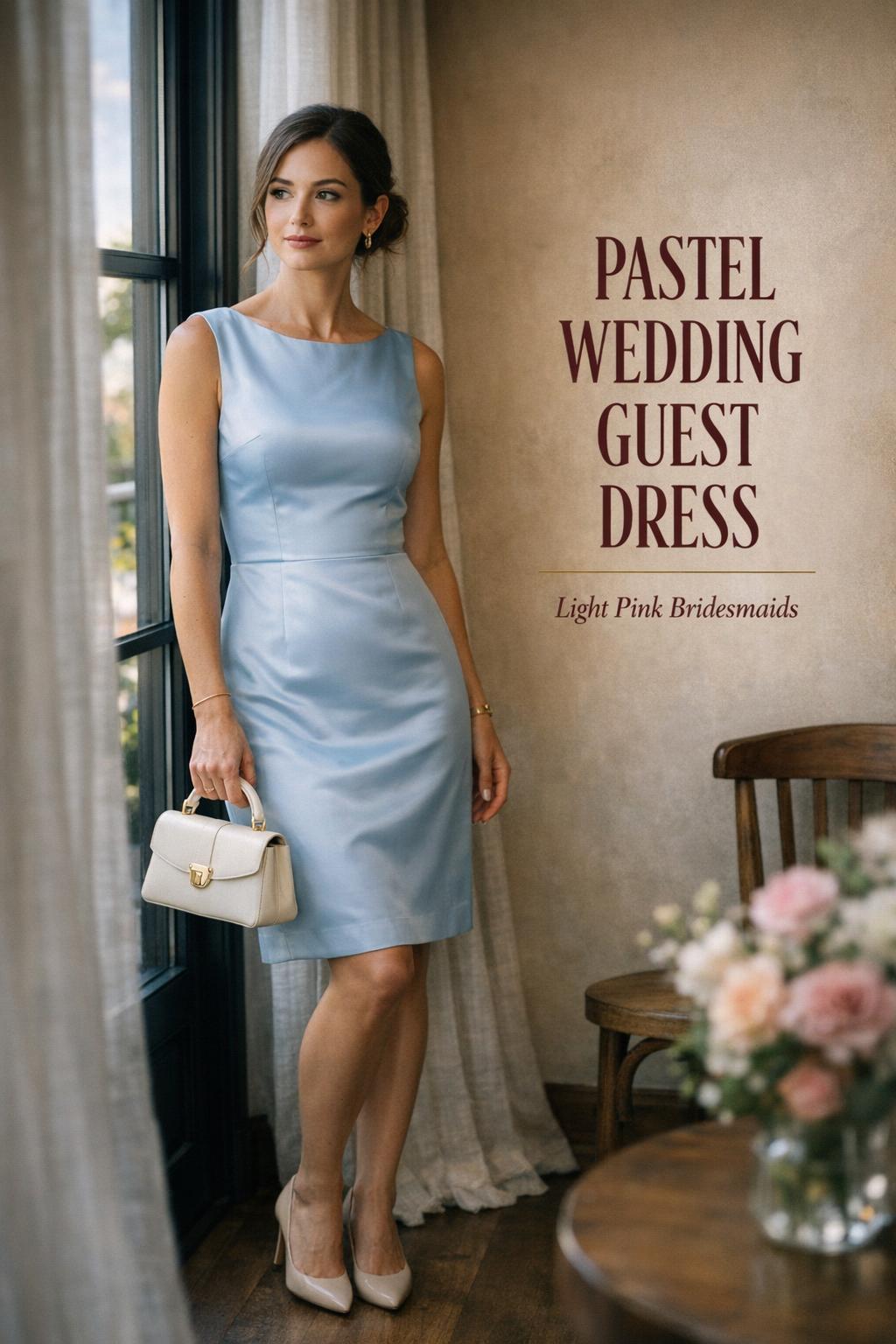 Pastel wedding guest dress in powder blue satin, elegant guest by window in boutique hotel suite with soft morning light