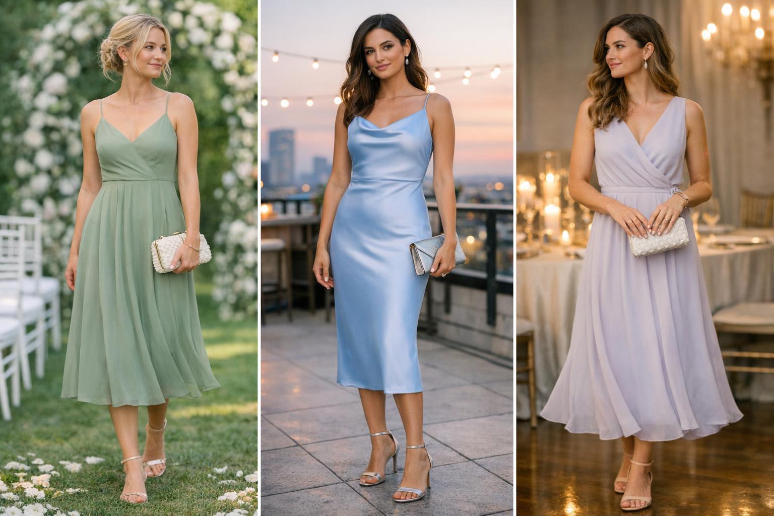 Pastel wedding guest dress in soft structured satin, styled with nude heels and metallic jewelry for an elegant venue-ready look