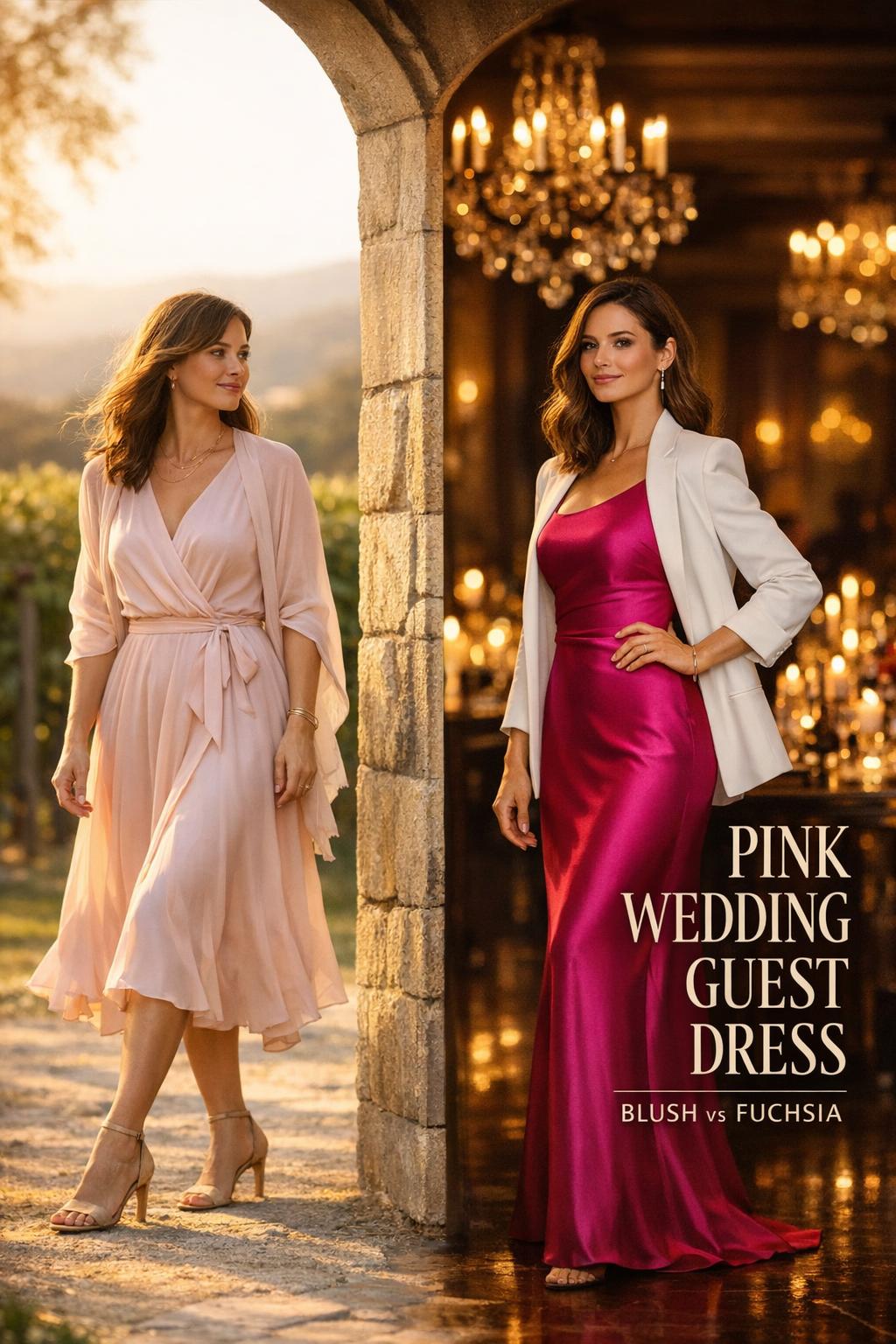 Pink wedding guest dress diptych showing blush ceremony and fuchsia reception looks in one cinematic editorial photo