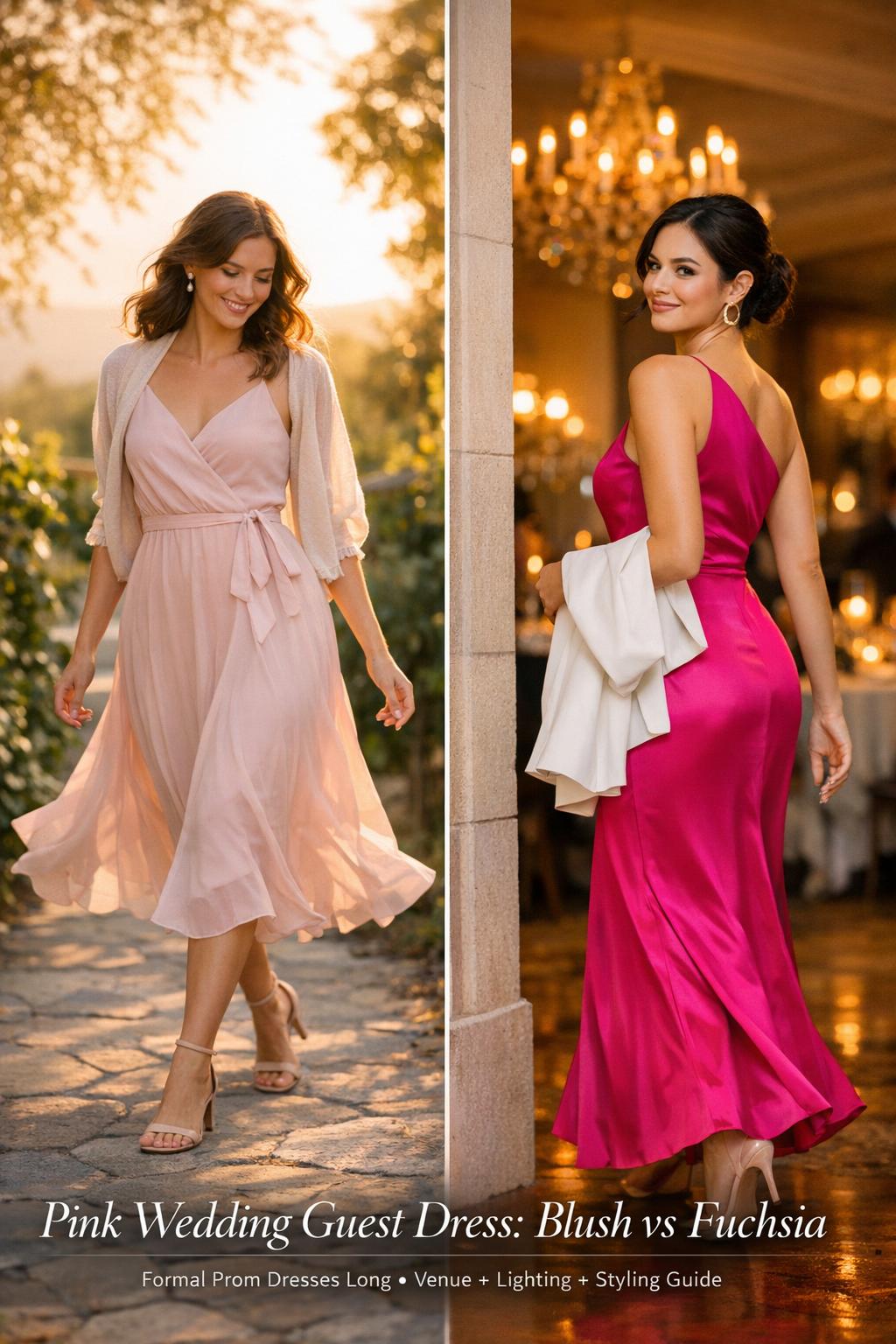 Pink wedding guest dress diptych showing blush wrap midi outdoors and fuchsia long gown at an indoor reception entrance