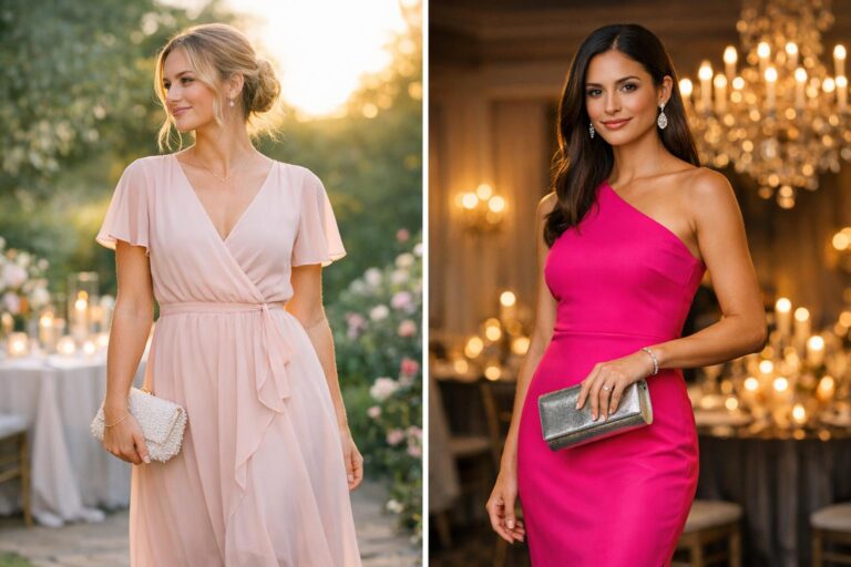 Pink wedding guest dress in blush and fuchsia options styled for garden and ballroom venues, photographed on a rack