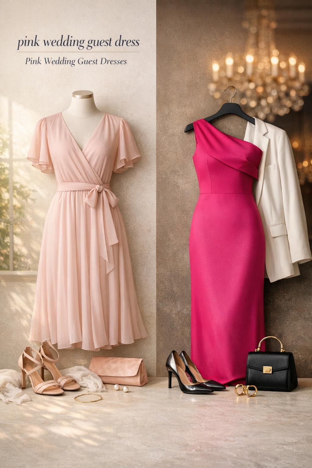 Pink wedding guest dress editorial flat lay with blush wrap dress and fuchsia one-shoulder gown styled with accessories