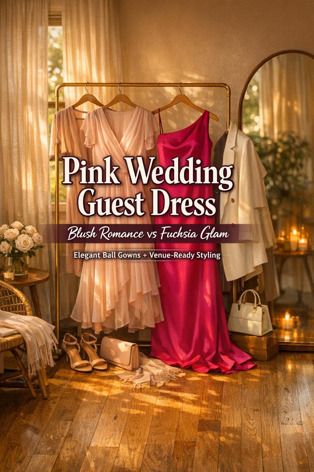 Pink wedding guest dress inspiration with blush wrap and fuchsia satin gowns in a warm, sunlit dressing area