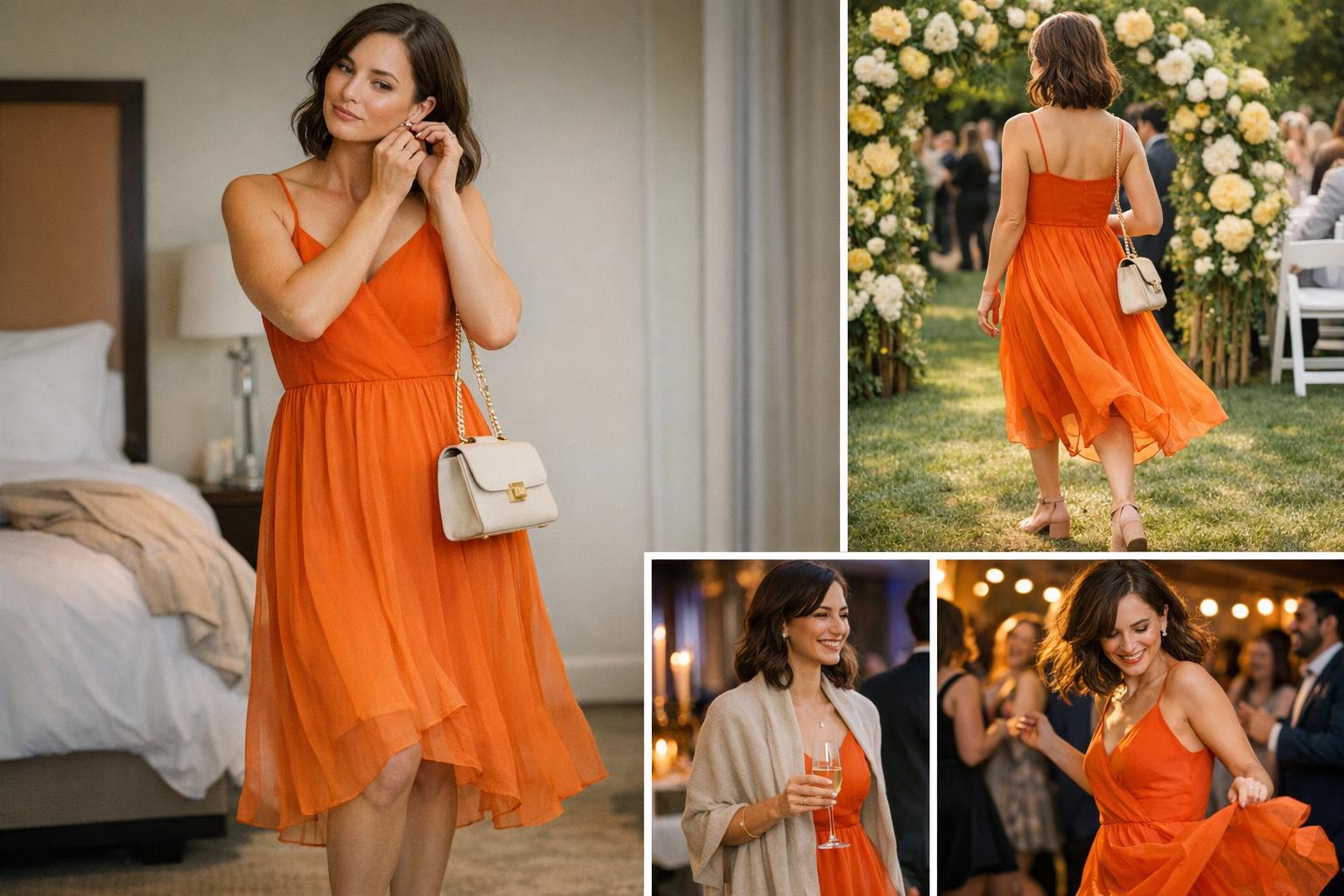 Polished wedding guest dress with elegant silhouette for a long day-to-night celebration, styled with minimal accessories