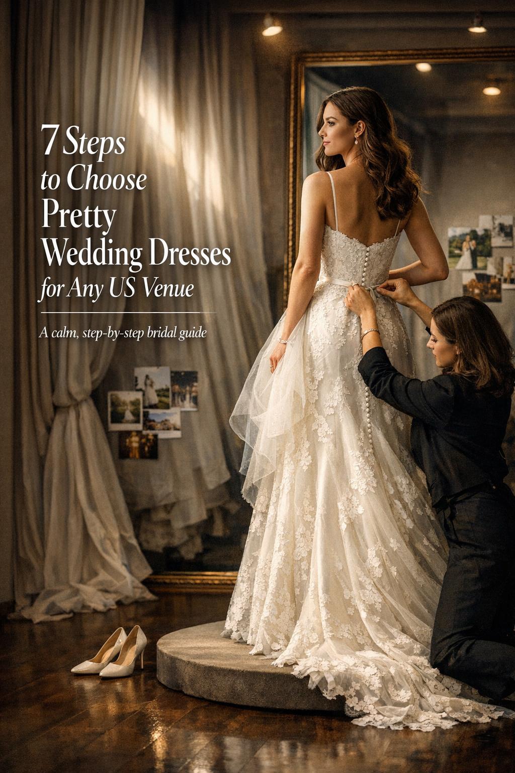 Pretty wedding dresses in a moody bridal boutique fitting room as a stylist adjusts a satin and lace gown beside a full-length mirror
