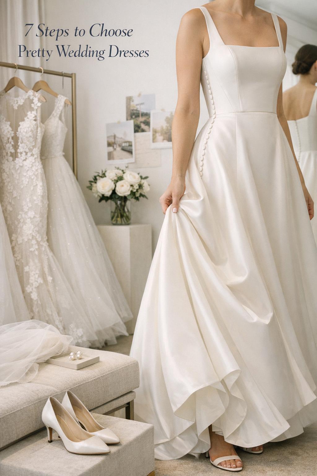 Bride in modern boutique holding satin gown beside mirror and rack of pretty wedding dresses with veil and pearls