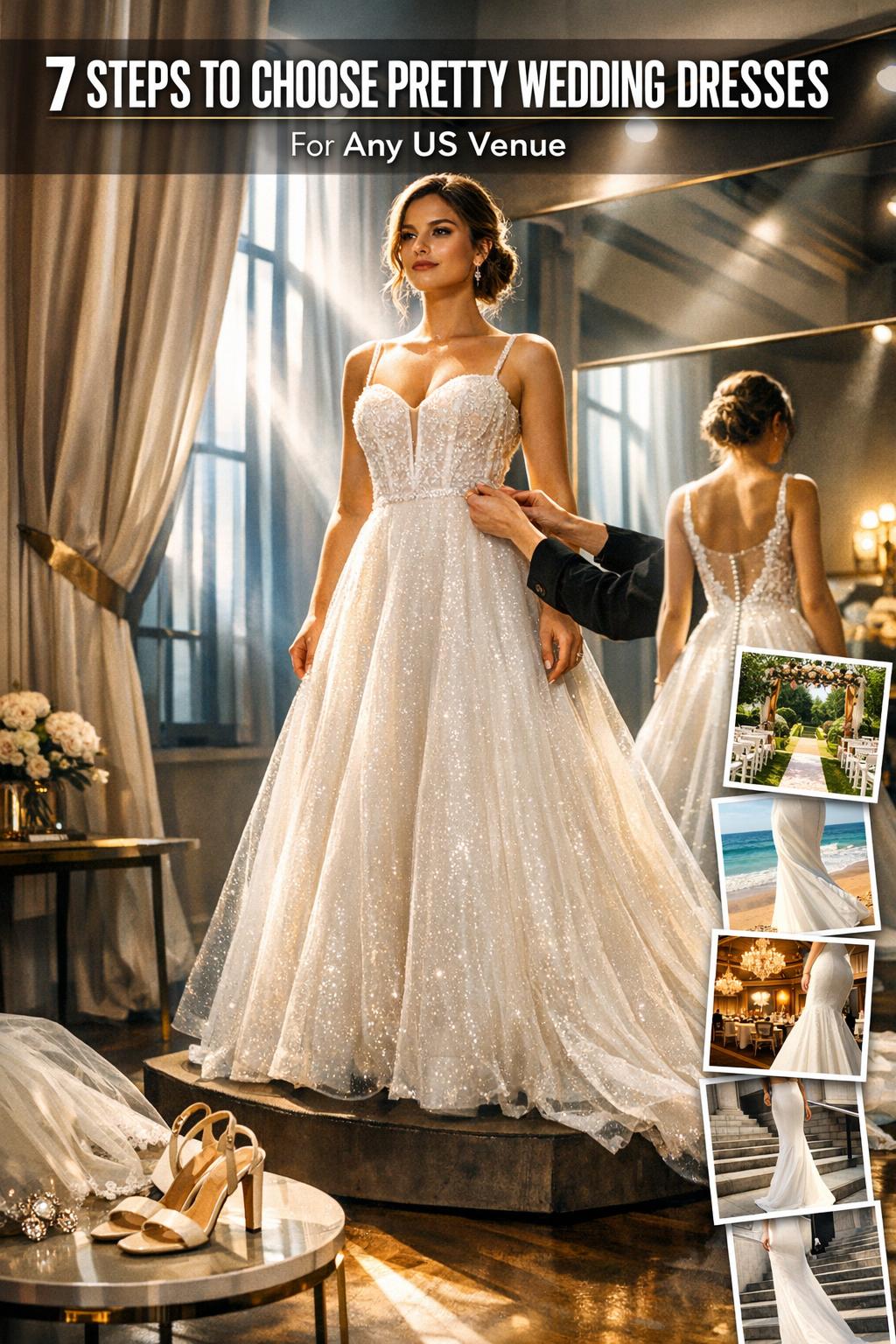 Pretty wedding dresses displayed on elegant mannequins in a bright bridal boutique showroom