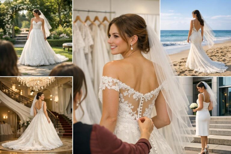 Bride in a lace A-line gown with flowing veil, showcasing pretty wedding dresses for a classic US venue