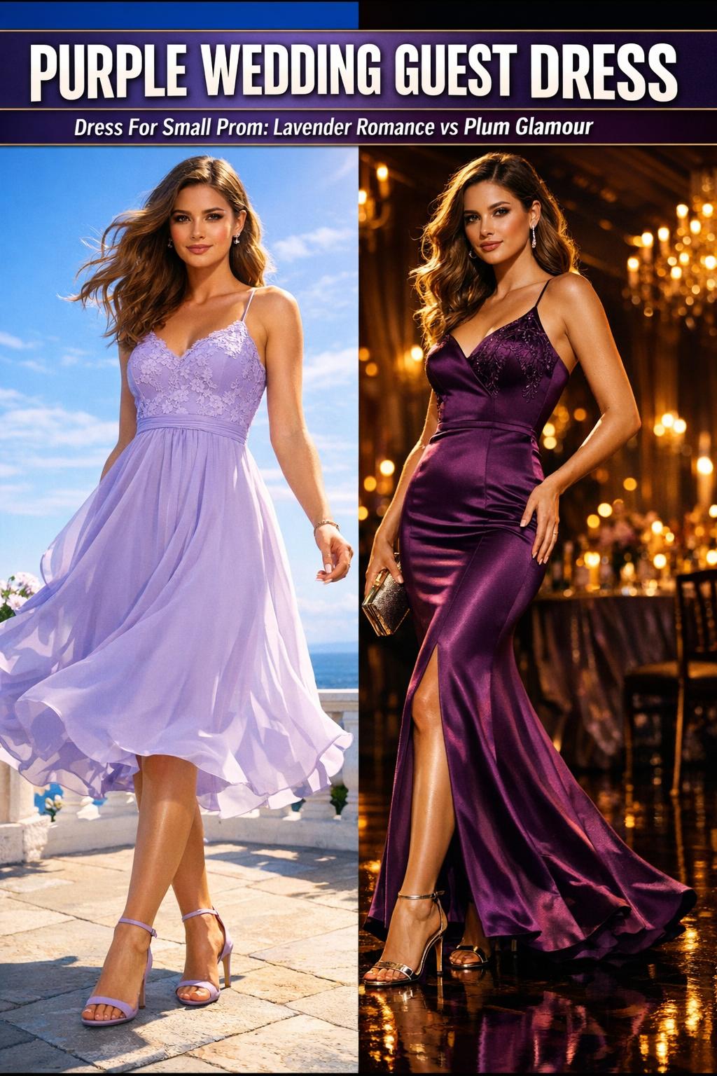 Purple wedding guest dress in an elegant evening look, perfect for formal celebrations