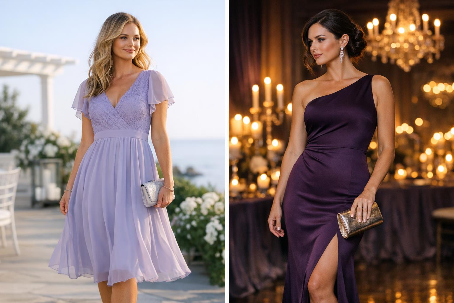 Purple wedding guest dress in lavender and plum tones, styled for day-to-night wedding receptions