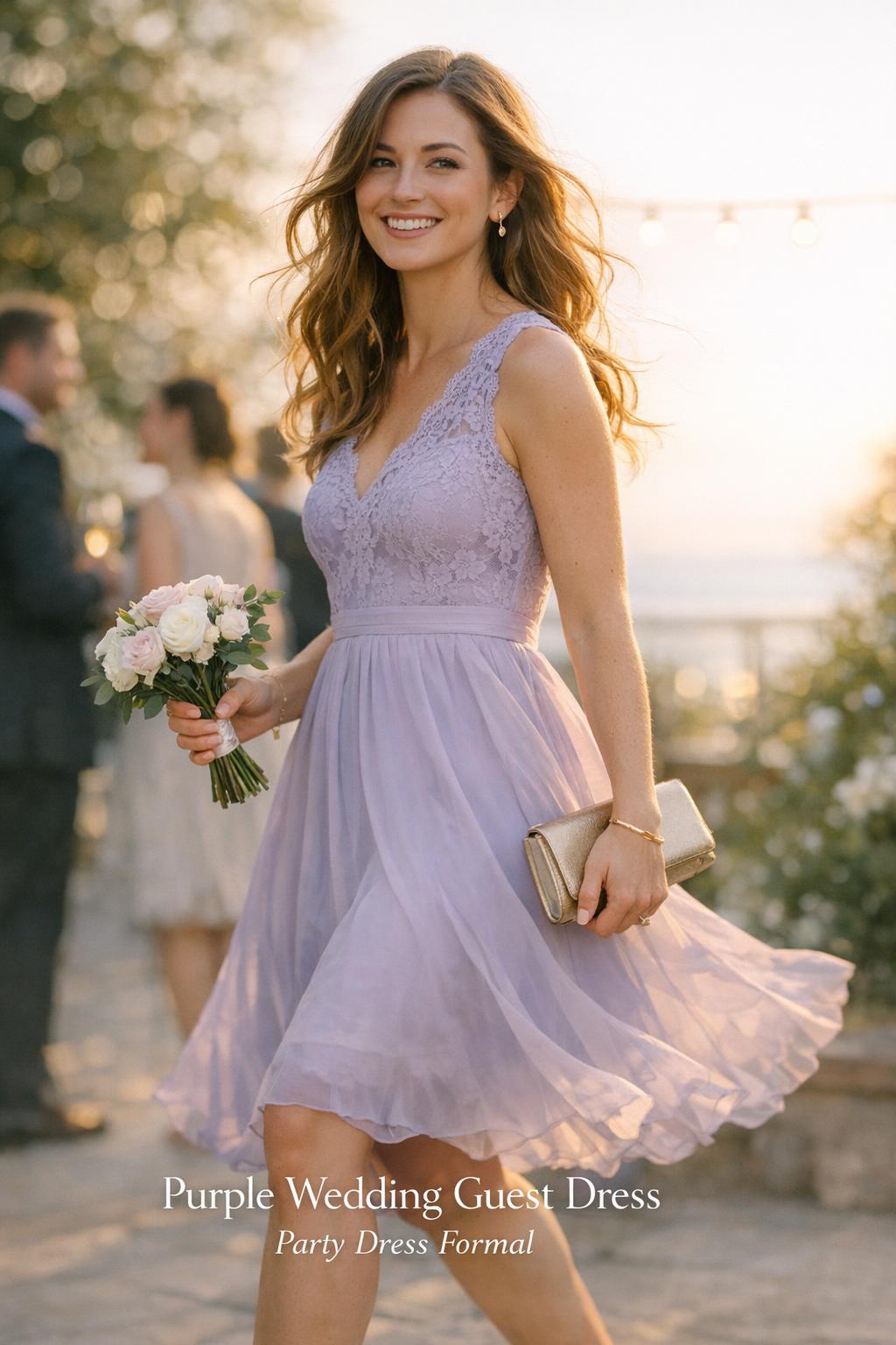 Purple wedding guest dress in lilac chiffon, candid golden hour garden-to-rooftop wedding moment with soft bokeh