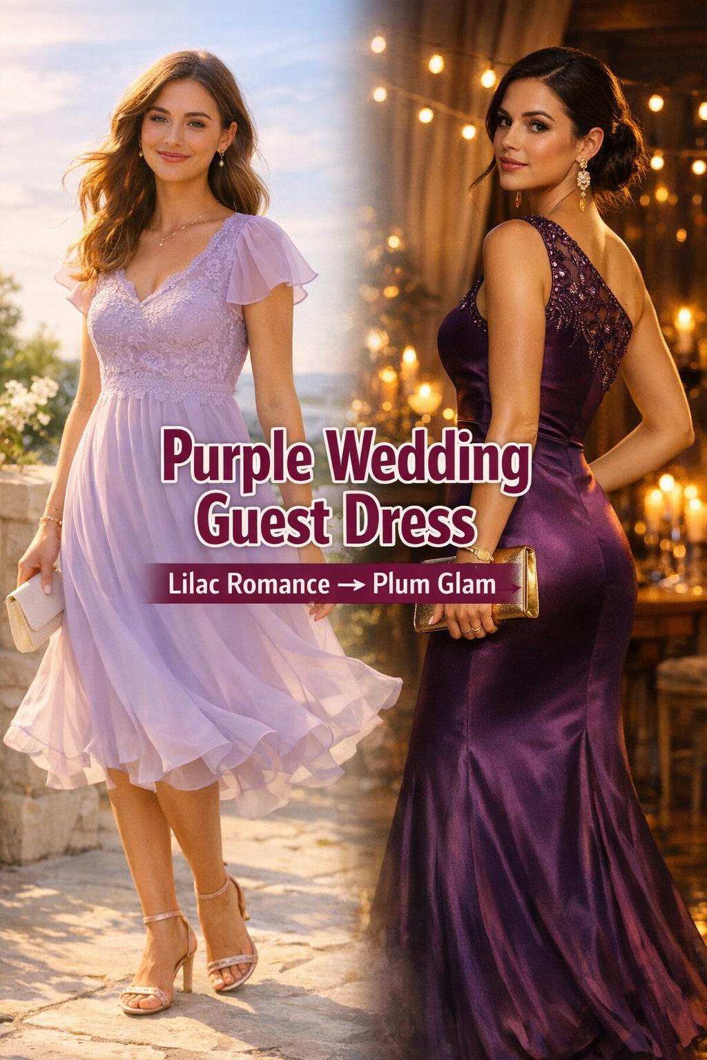 Purple wedding guest dress styling scene at golden hour, lilac chiffon romance beside plum satin evening glam