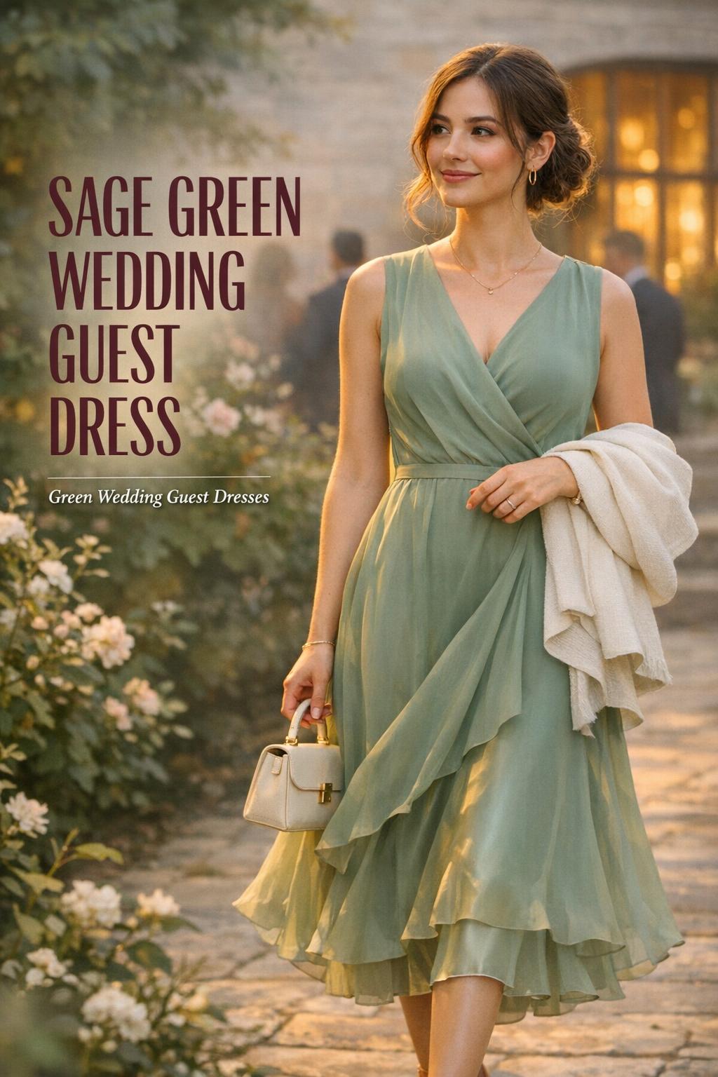 Model in a sage green wedding guest dress in a botanical garden, wearing chiffon midi dress with shawl in warm light