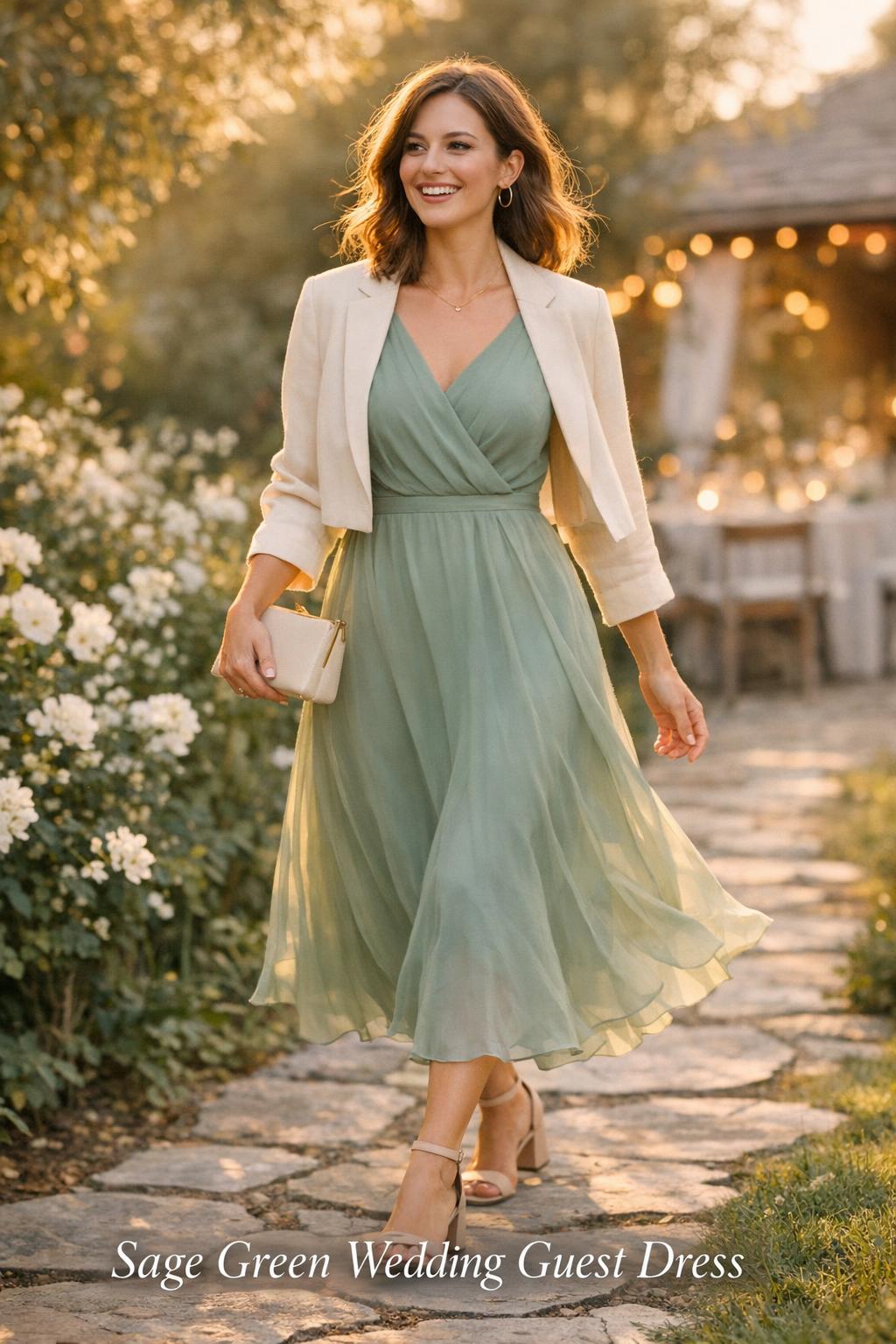 Woman walking in a botanical garden wearing a sage green wedding guest dress with chiffon drape, clutch and block heels