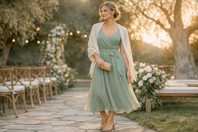 Sage green wedding guest dress in flowing chiffon midi style at a garden ceremony in warm golden-hour light
