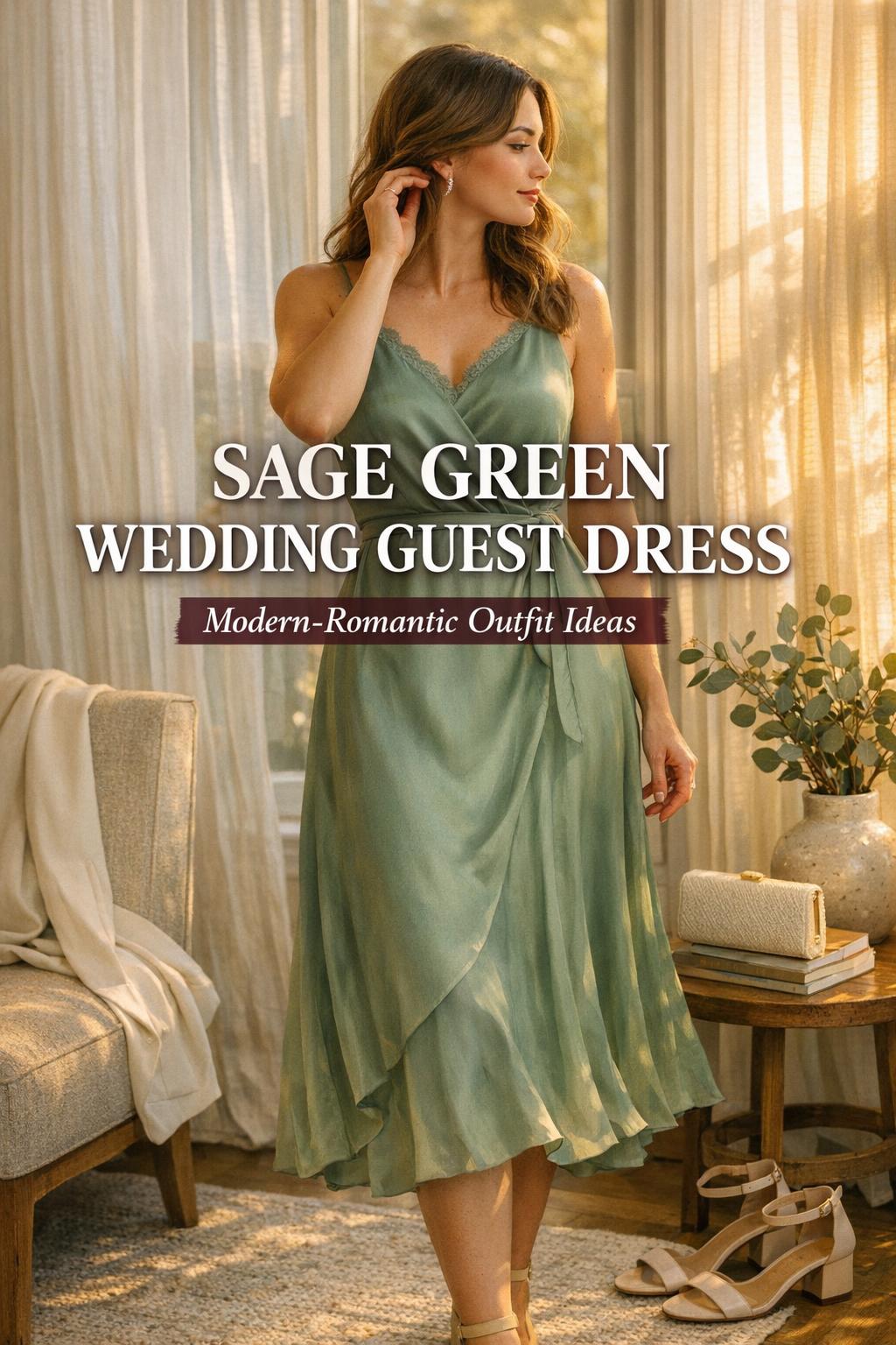 Woman adjusting near a sunny window in a sage green wedding guest dress with heels, clutch, and soft romantic decor