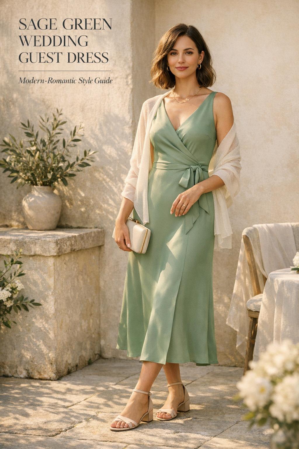 Model in a sage green wedding guest dress on a sunlit garden terrace with minimal gold jewelry and clutch